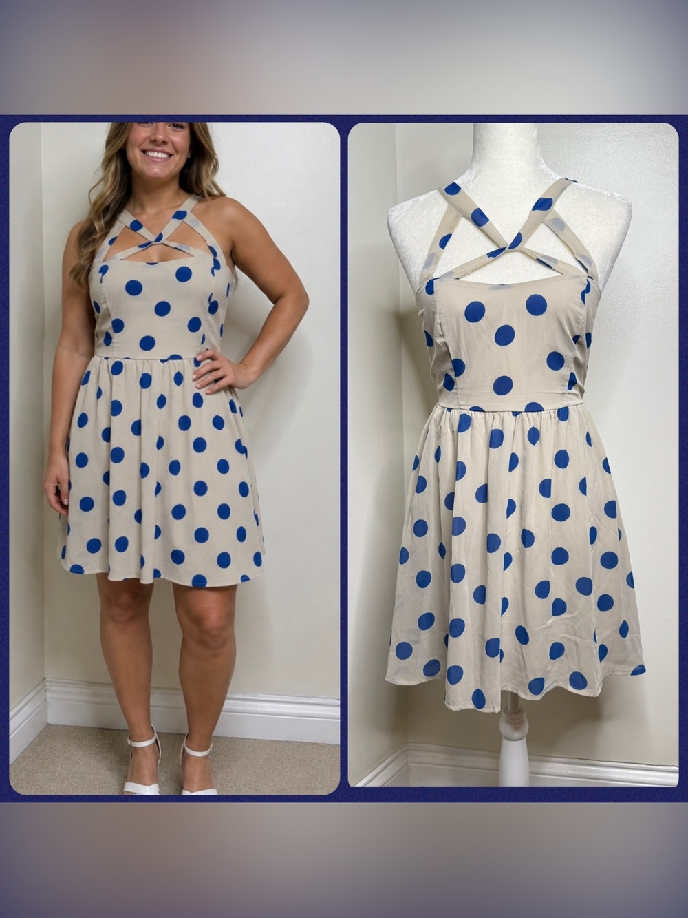 Lottie & Holly Polka Dot Fit & Flare Dress Size 8 Beige Blue Criss Cross Straps